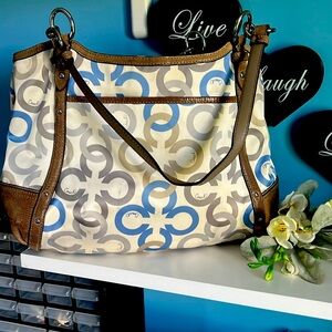 This is a coach handbag shades of tope, gray, and blue
